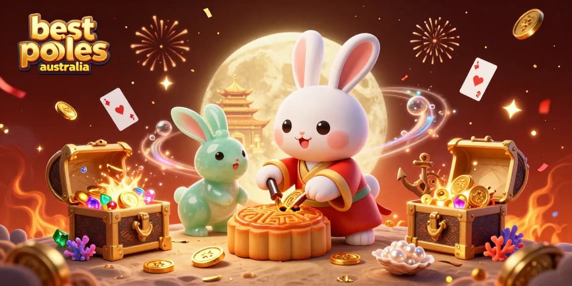 Experience the best online pokies Australia with a vibrant 3D illustration featuring moon rabbits, poker chips, and more.