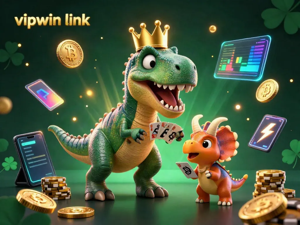 Experience exciting gameplay with the vipwin link in an ultra-detailed 3D scene featuring animated dinosaurs in a casino atmosphere.