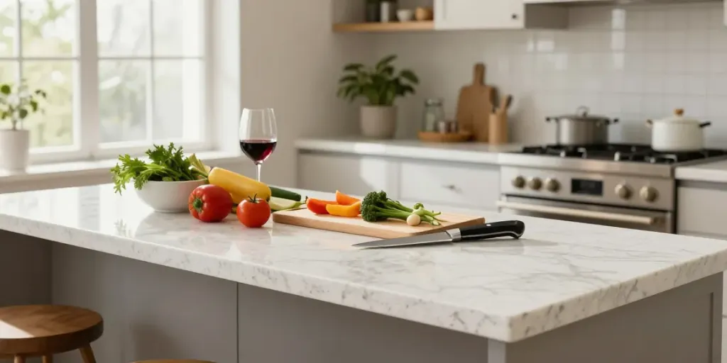 Quartz kitchen countertops Hamilton beautifully showcased in a vibrant kitchen scene with fresh ingredients and modern decor.