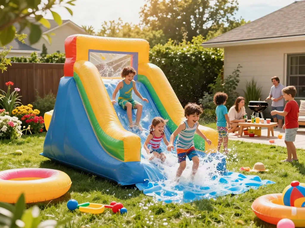 Children enjoying a vibrant water slide in a sunny backyard setting.