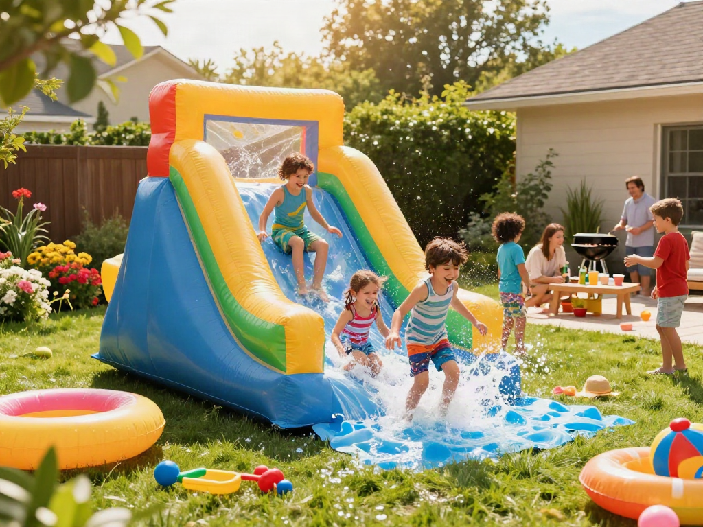 Children enjoying a vibrant water slide in a sunny backyard setting.