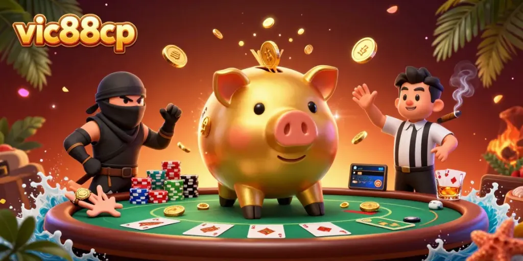 Experience exciting gameplay at vic88cp with a dynamic 3D casino scene featuring fun characters and vibrant elements.