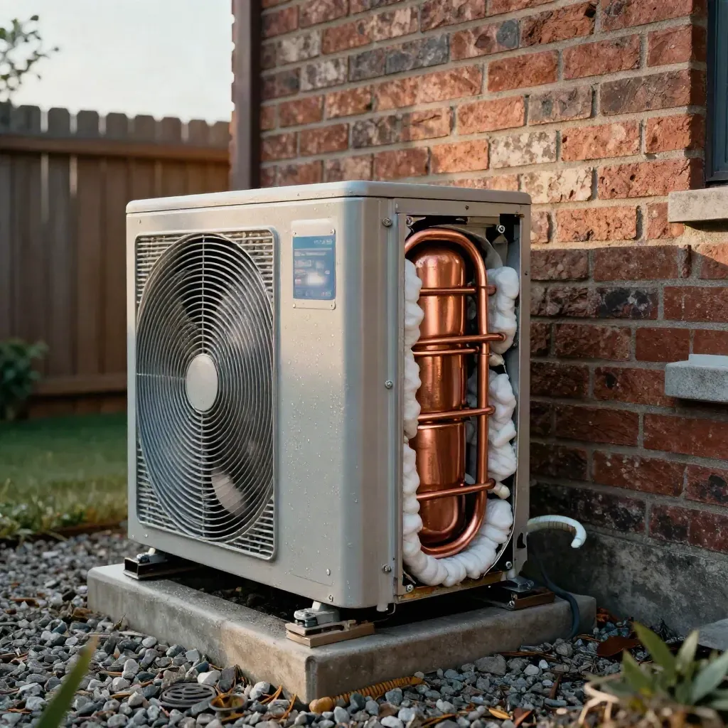 Repaired outdoor AC condenser with exposed coils and spinning fan beside a brick wall.
