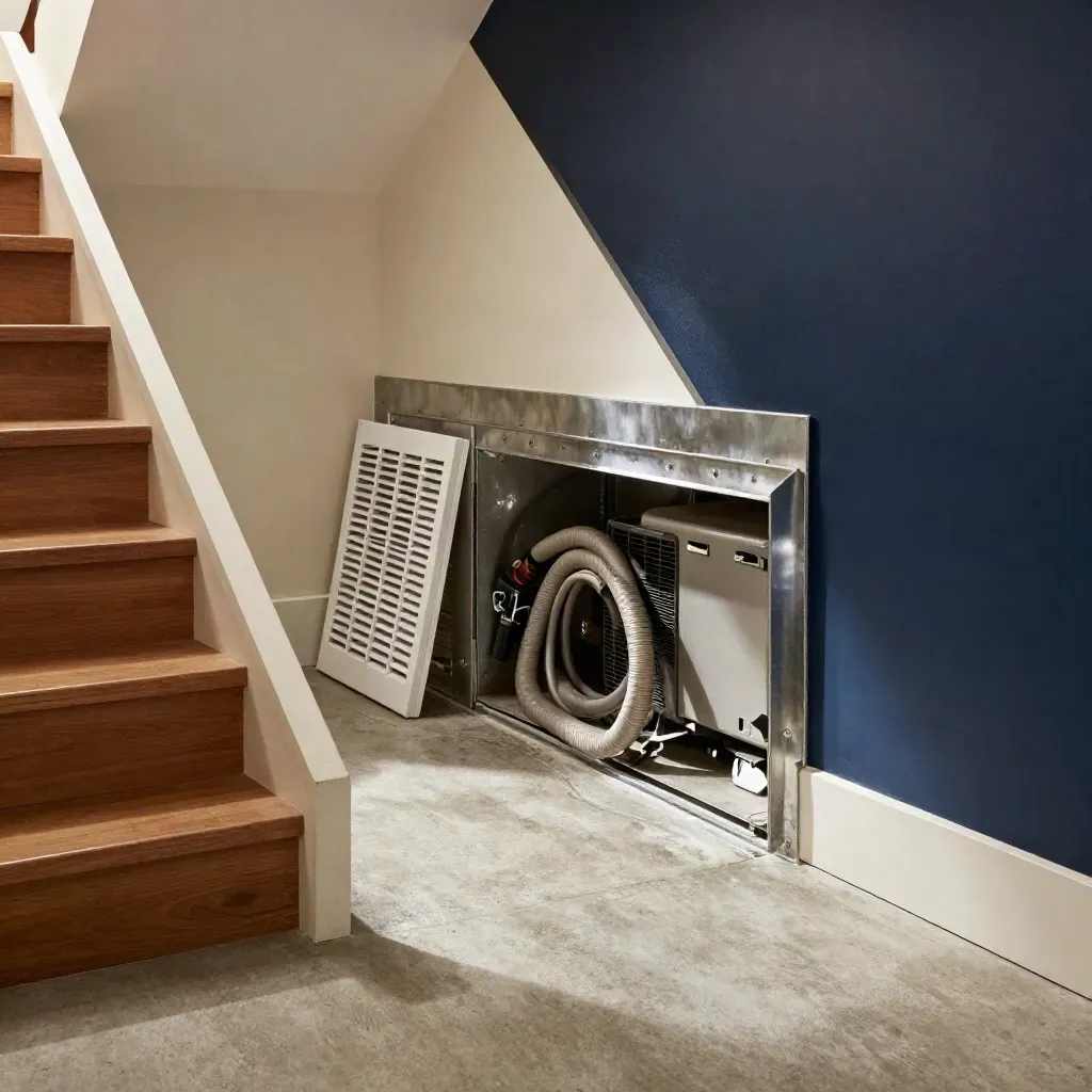 Clean basement duct cleaning scene with open return, grille, and vacuum hose