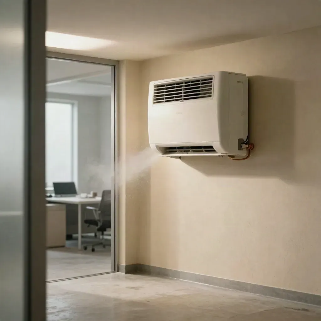 Wall-mounted AC unit cooling a quiet office, with vent, line set, and pale concrete floor.