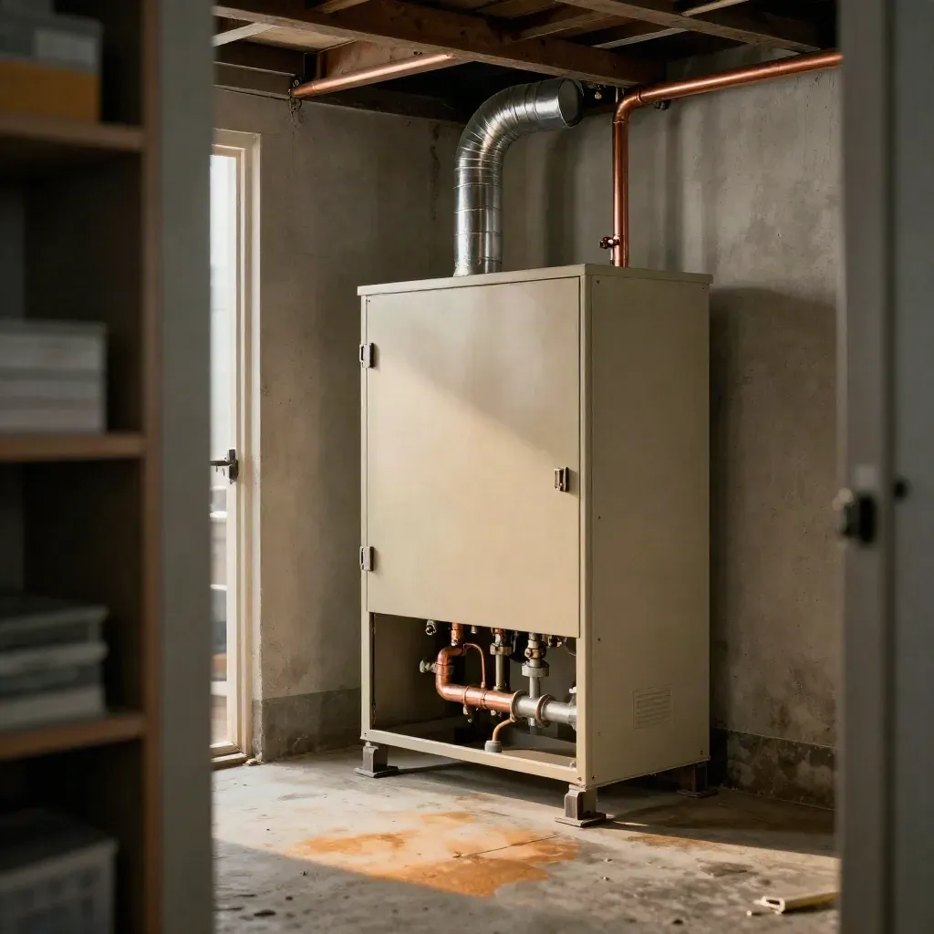 New furnace and venting in a tidy basement mechanical room, quietly running.