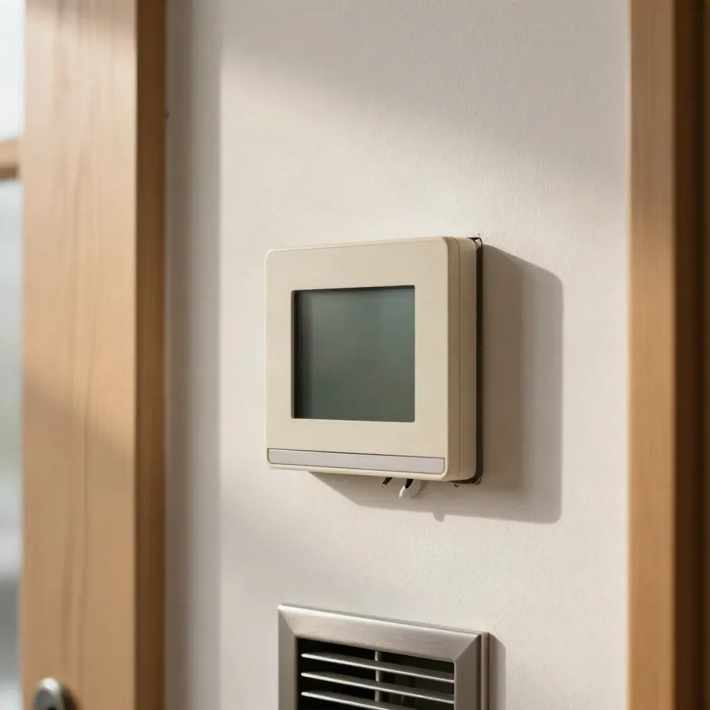 Smart thermostat upgrade on a white wall with exposed wire and level in warm afternoon light.