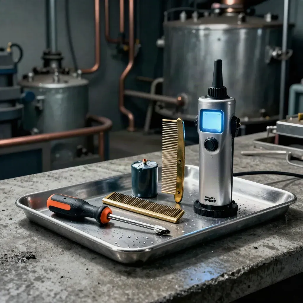HVAC repair tools staged on a metal tray in a dim mechanical room under dramatic light