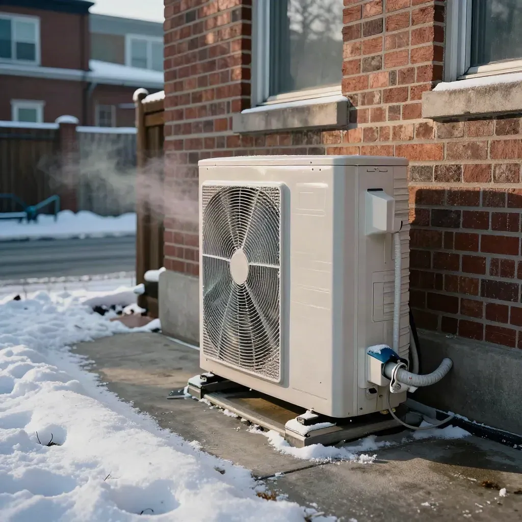 Snow-dusted Toronto duplex rear pad with a serviced heat pump and insulated line set.