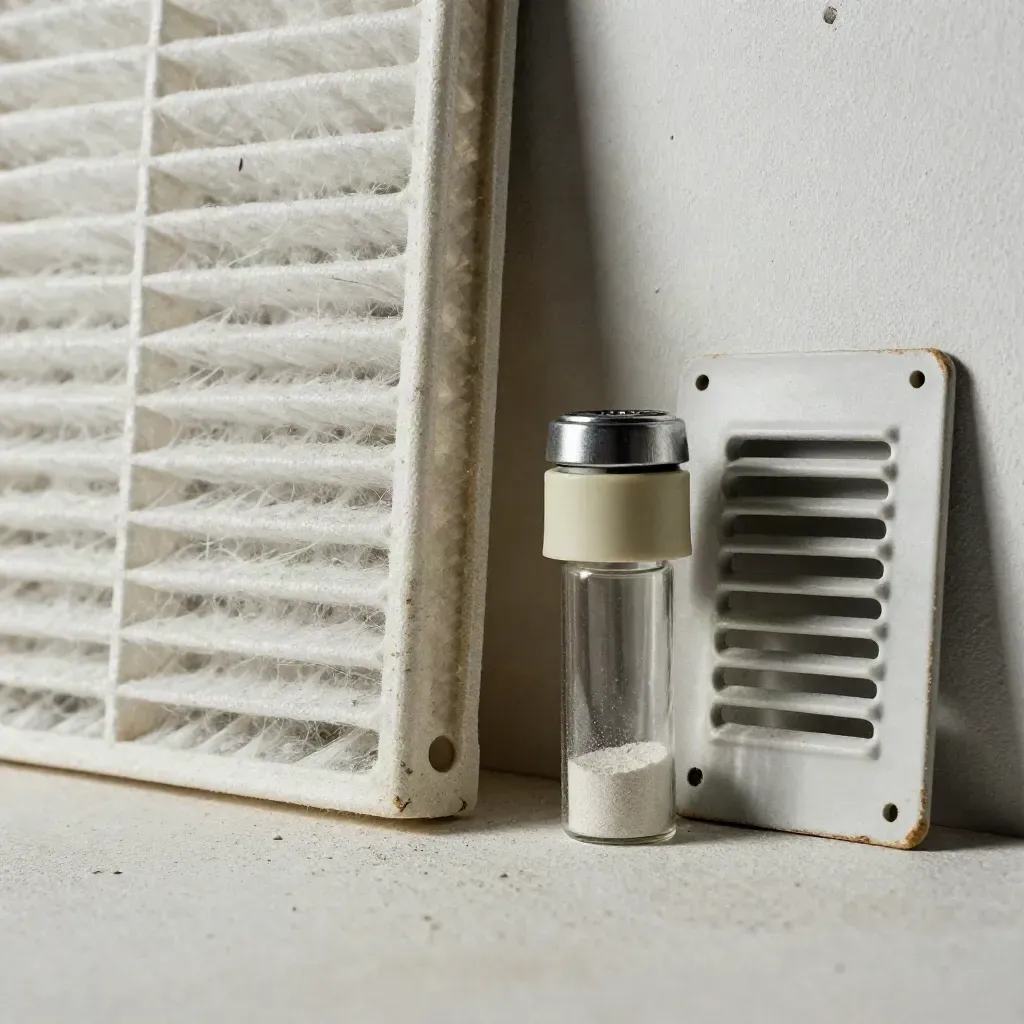 HEPA filter, humidity sensor, particulate vial and vent grille on pale plaster