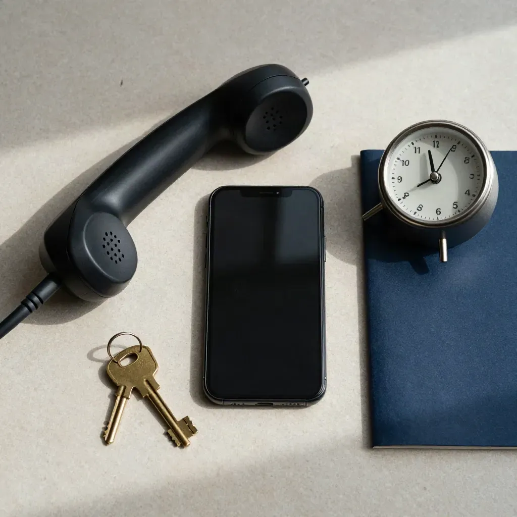 Overhead flatlay of a phone, cordless handset, brass key and desk clock on pale stone.
