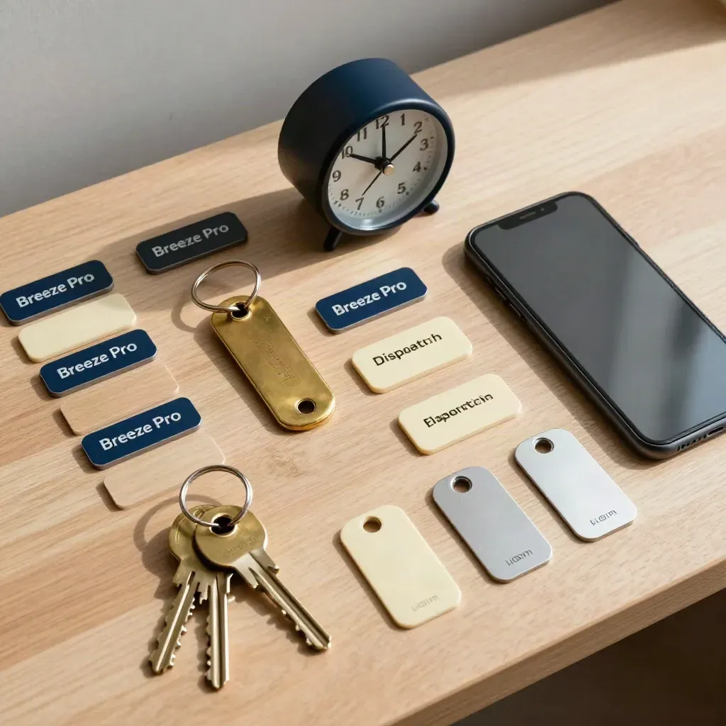 Overhead dispatch still life with key tags, clock, phone, and route magnets on walnut.
