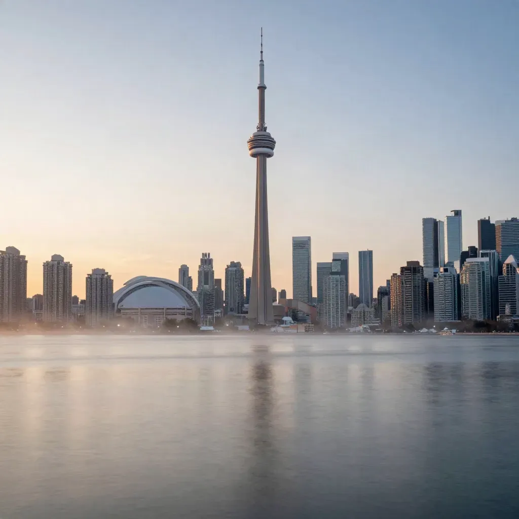 CN Tower and downtown Toronto over misty harbour at blue-hour sunrise.