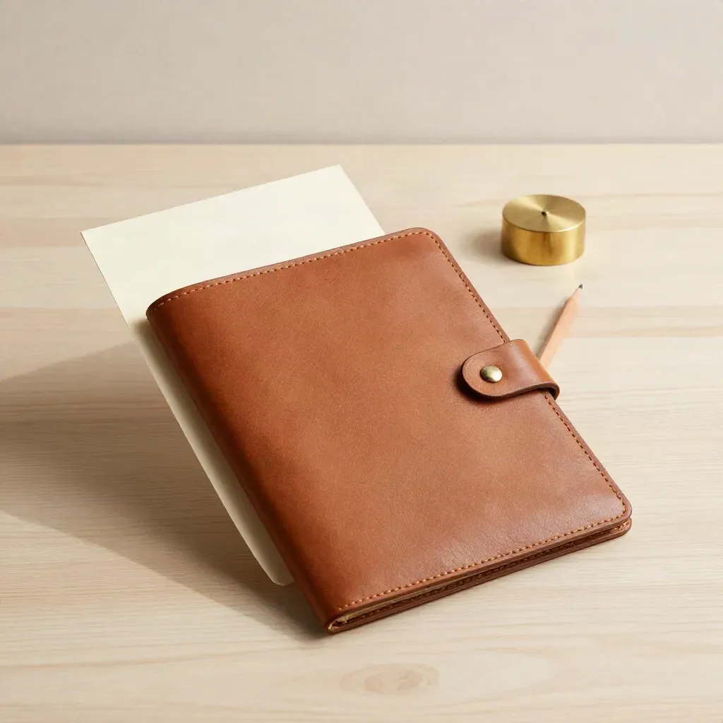 Closed leather folder, cream estimate card, pencil and brass paperweight on pale wood.
