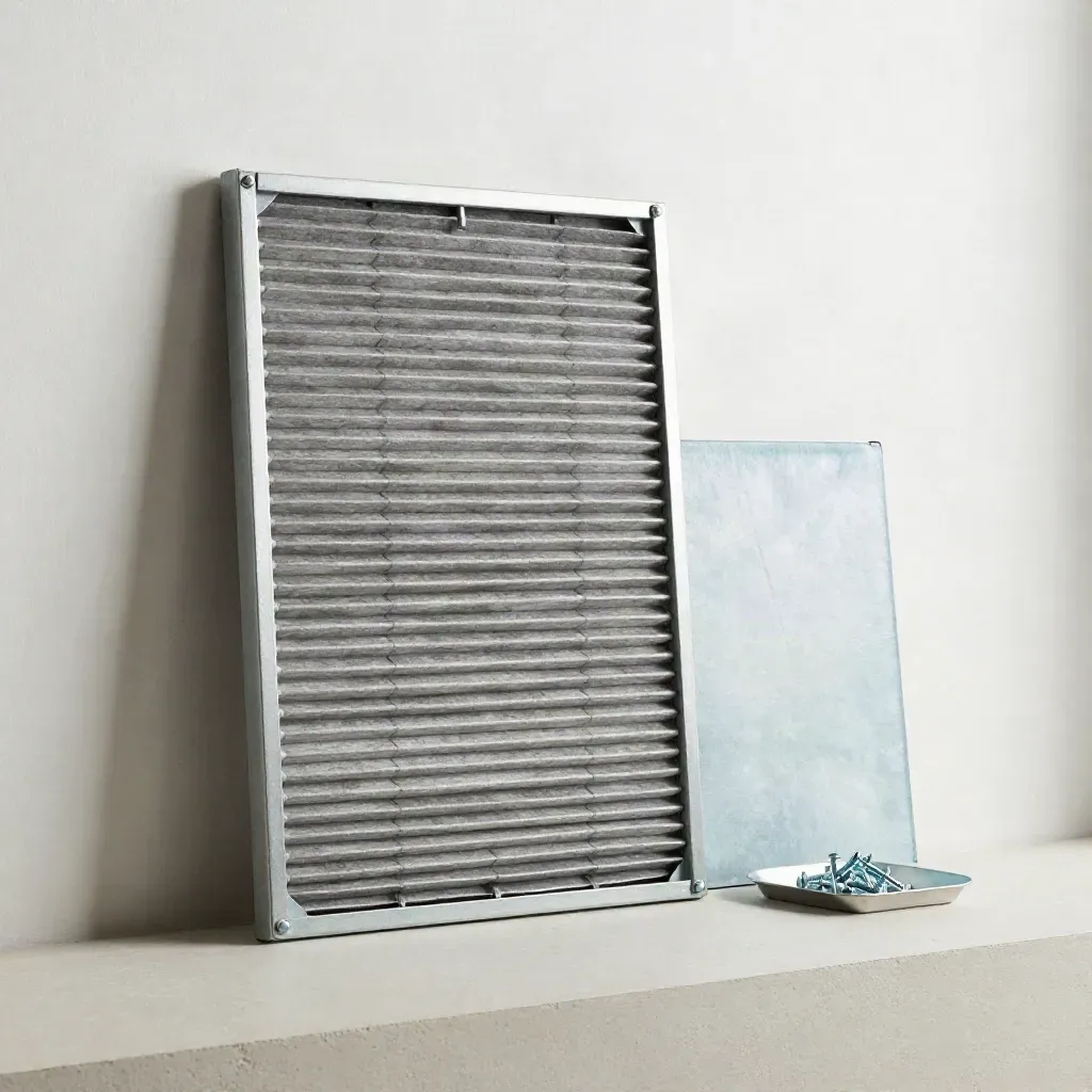 Return grille, filter, screws, and access panel on a pale plaster wall in soft HVAC light.