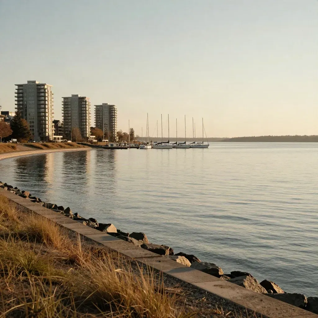 Port Credit waterfront at golden hour with condo line, masts, calm lake and haze
