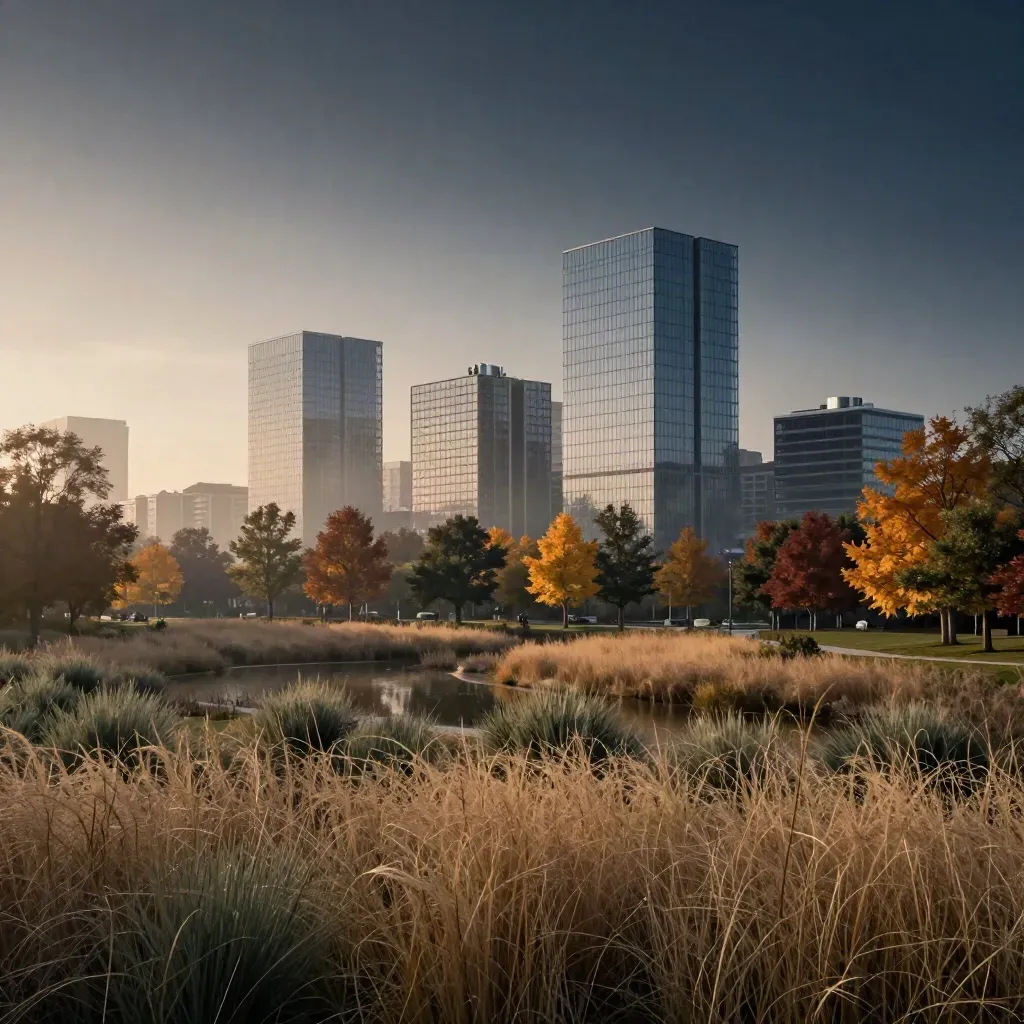 Misty York Region greenbelt with maples and low-rise Vaughan glass at late-day light.