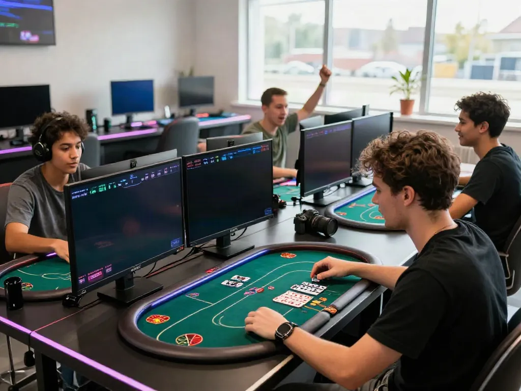 An energetic online gaming scene featuring players engaged in poker and sports betting at NBET, showcasing vibrant graphics and camaraderie.
