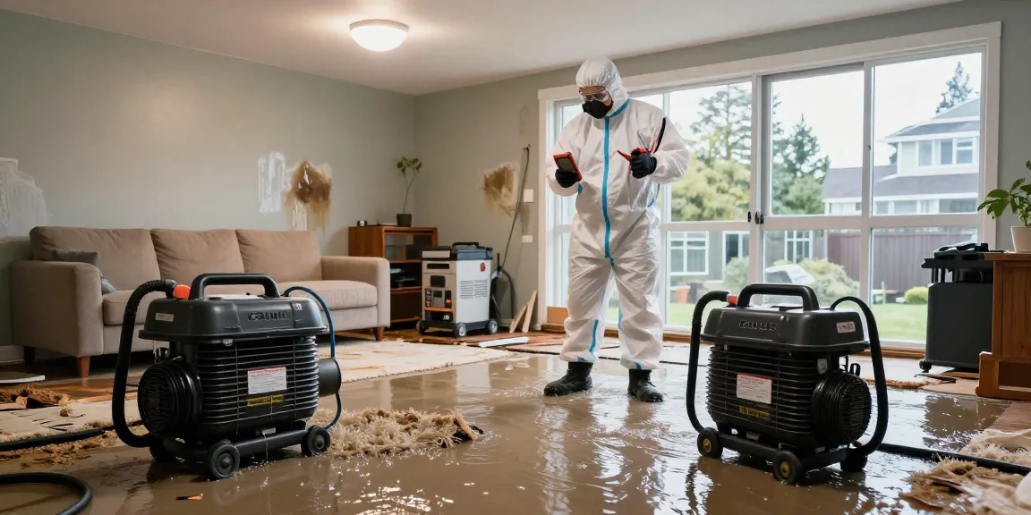 Water Damage Restoration Vancouver: Expert technician quickly extracting water from a flooded basement using professional equipment.