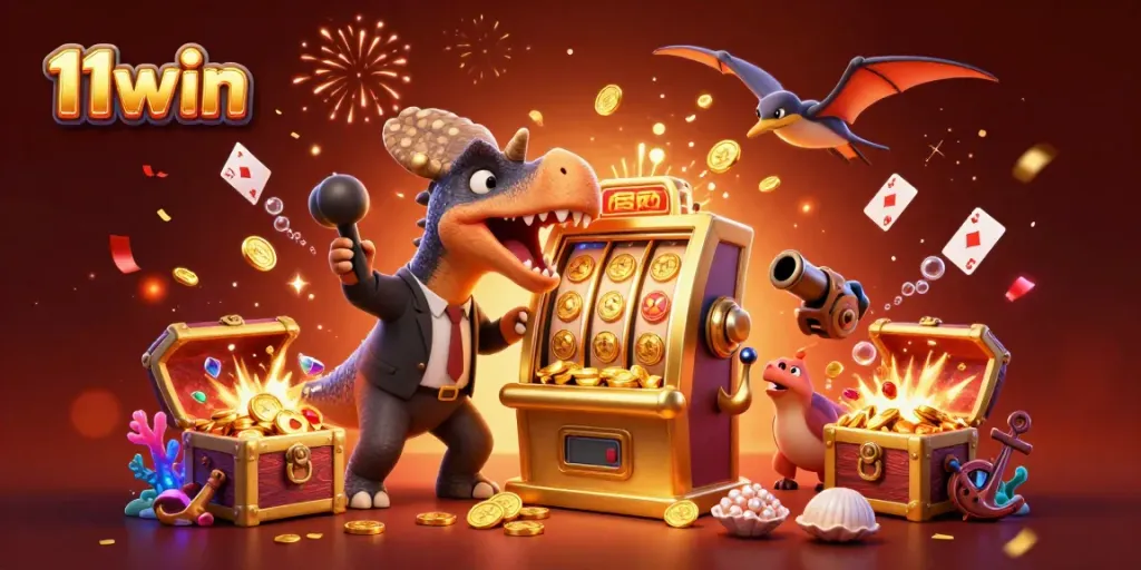 Experience thrilling wins at 11win with a pachycephalosaurus celebrating a jackpot payout amid flying coins.