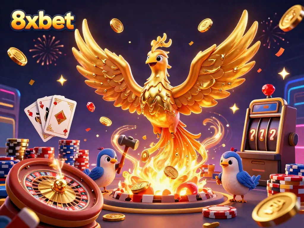 Experience the thrill of 8xbet with a vibrant scene of molten gold phoenix and casino elements.
