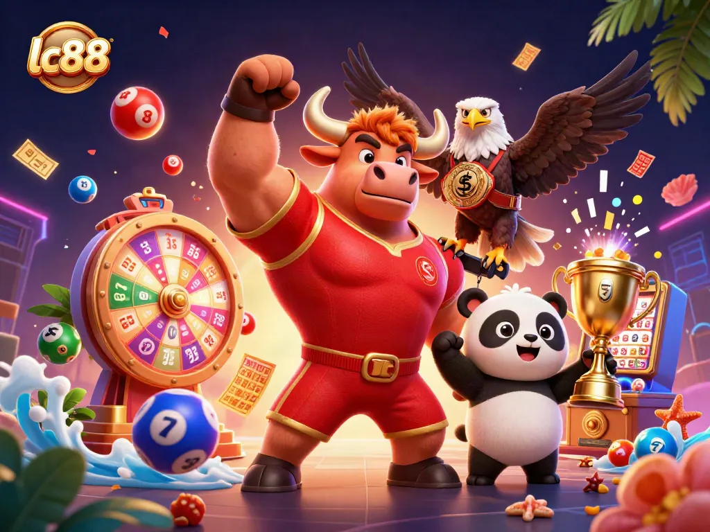 Engage with lc88 gaming excitement through a vibrant, action-packed casino illustration featuring dynamic characters and prizes.