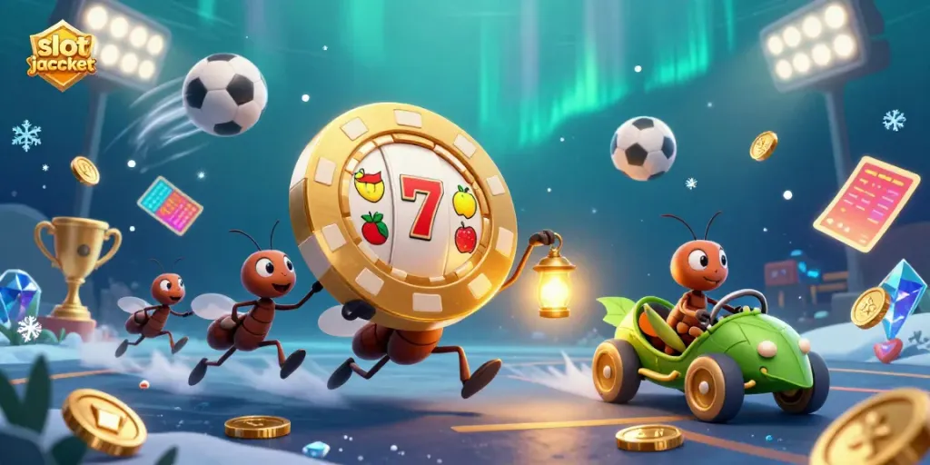 Experience the thrill of slot jackpots with dynamic ants carrying a giant poker chip amid sports-themed elements.
