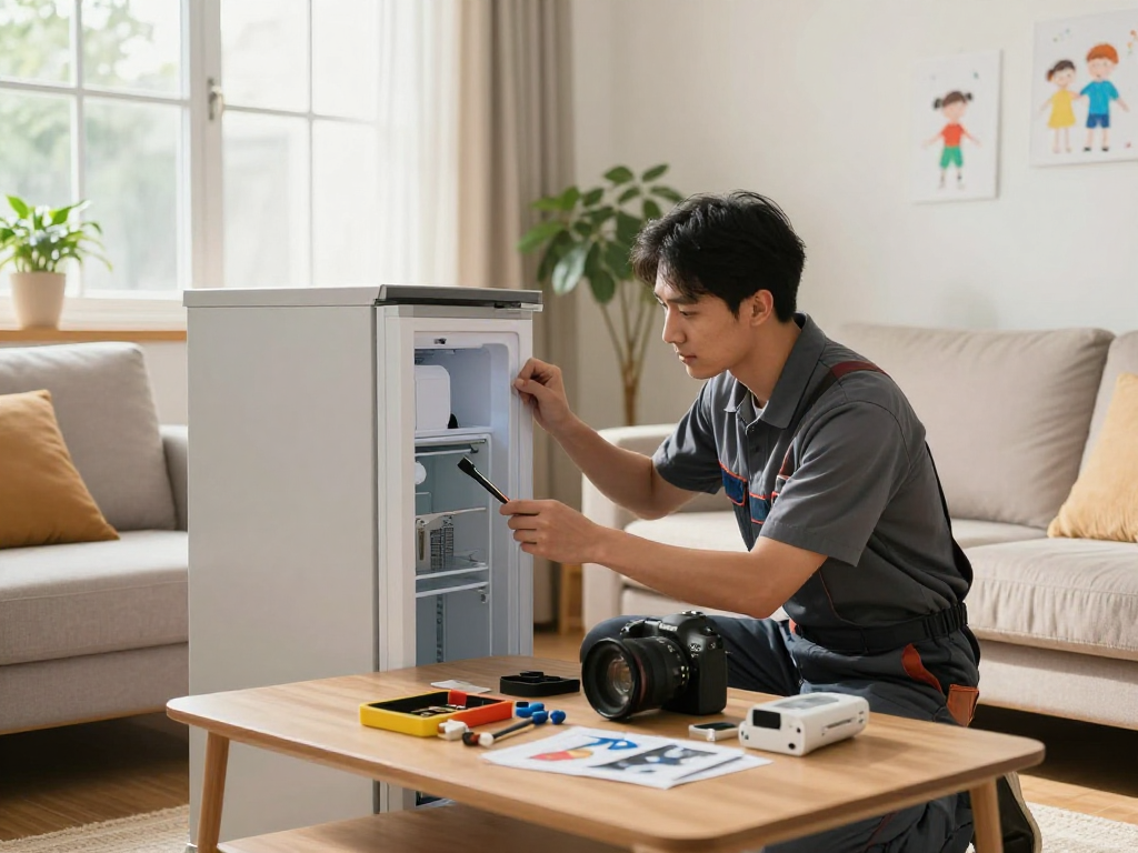 Emergency appliance repair technician examining a refrigerator in a cozy home setting.