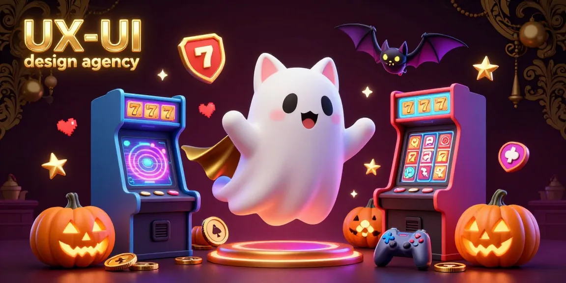 Capture the immersive world of a UX/UI design agency with a ghost cat exploring a haunted casino mansion filled with themed slot machines.